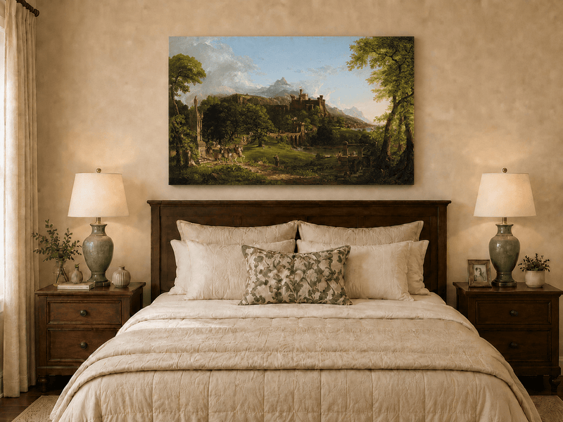 Landscape Oil Painting - Castle Hillside Riders Statue & Stone