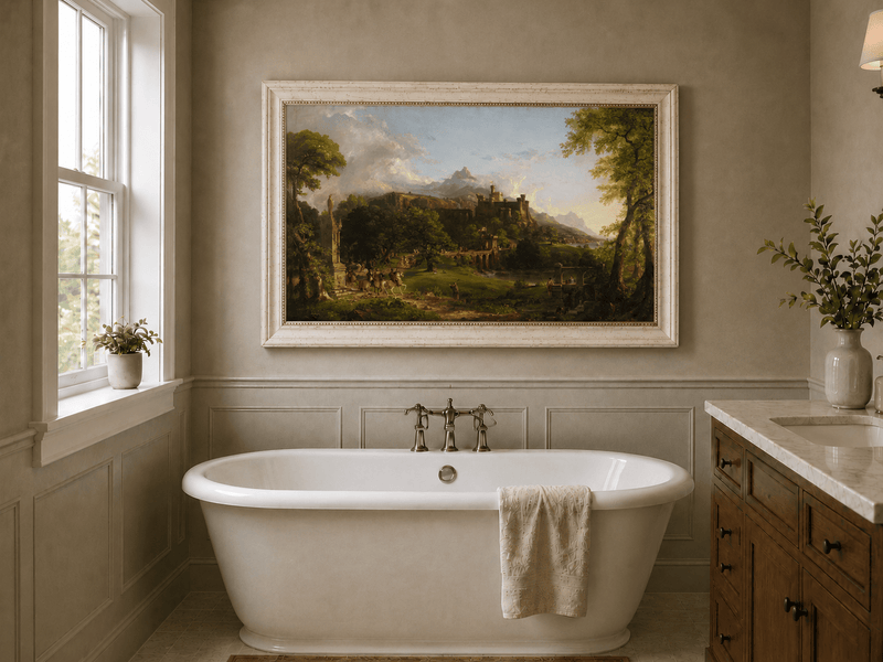 Landscape Oil Painting - Castle Hillside Riders Statue & Stone