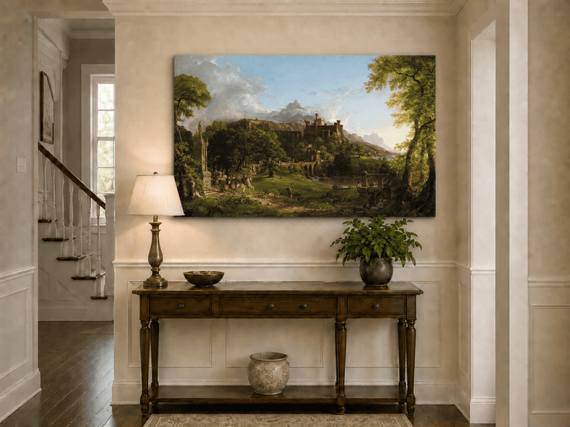 Landscape Oil Painting - Castle Hillside Riders Statue & Stone