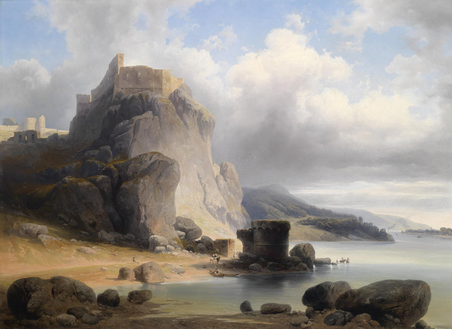Landscape Oil Painting - Castle on Rocky Cliff & Coastal Scene with Boats - Oil Painting Haven