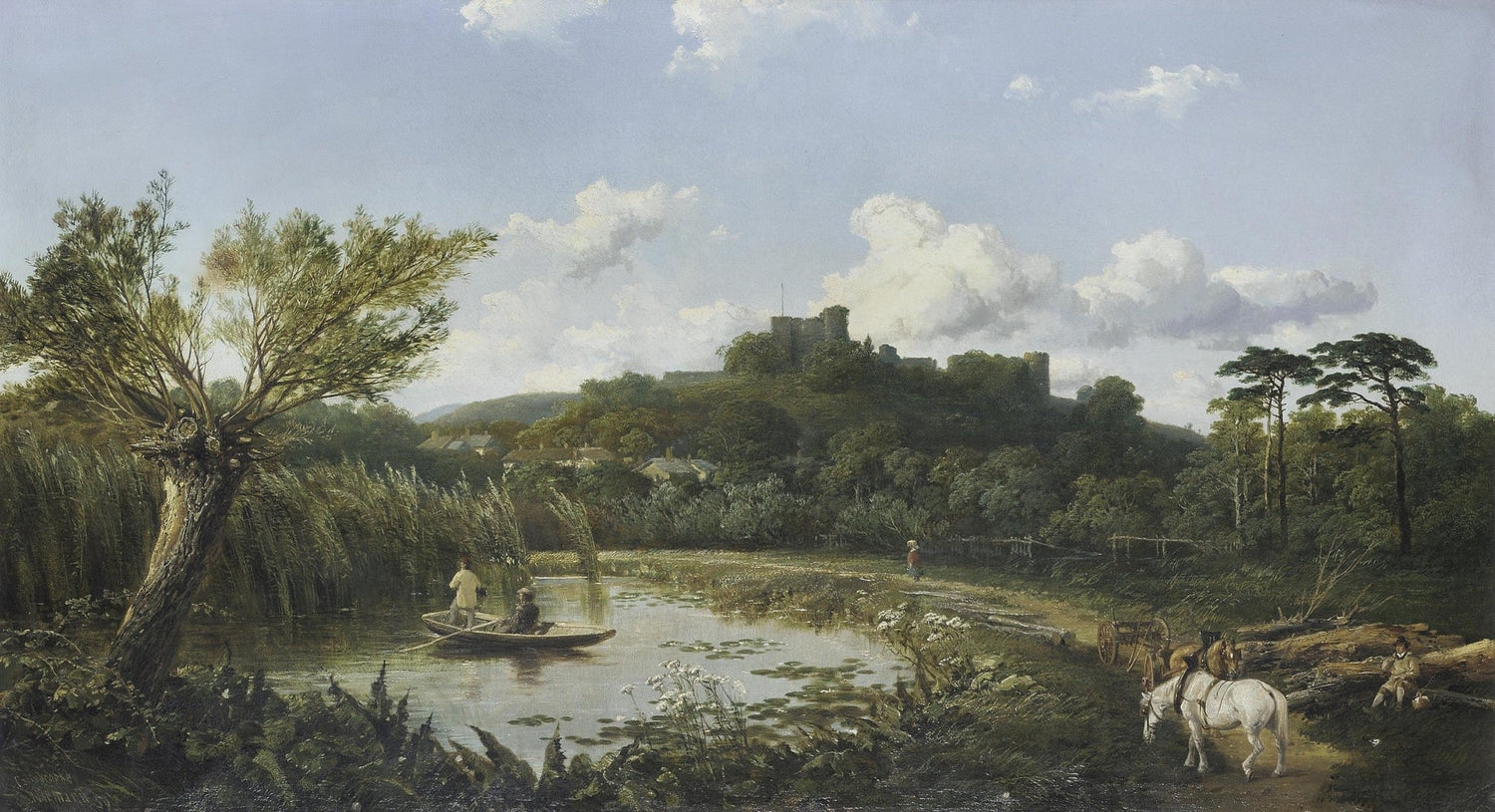 Hand-painted castle pond with boat and white horse landscape oil painting on canvas