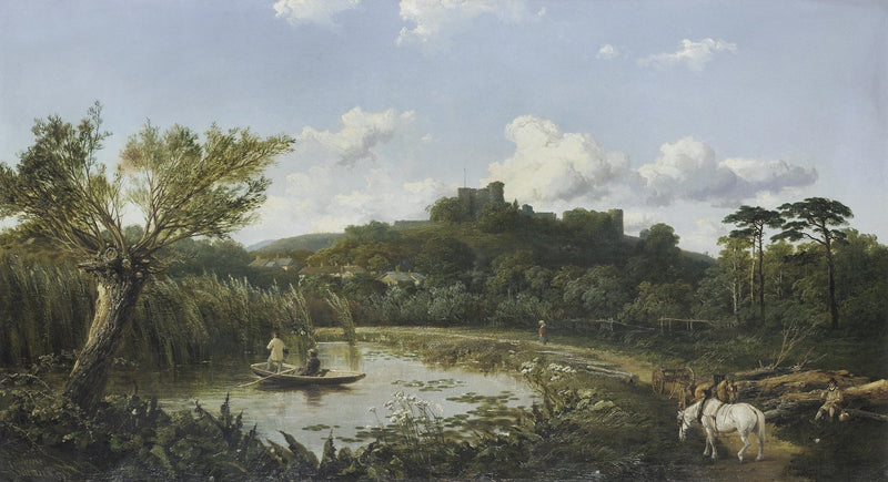 Hand-painted castle pond with boat and white horse landscape oil painting on canvas