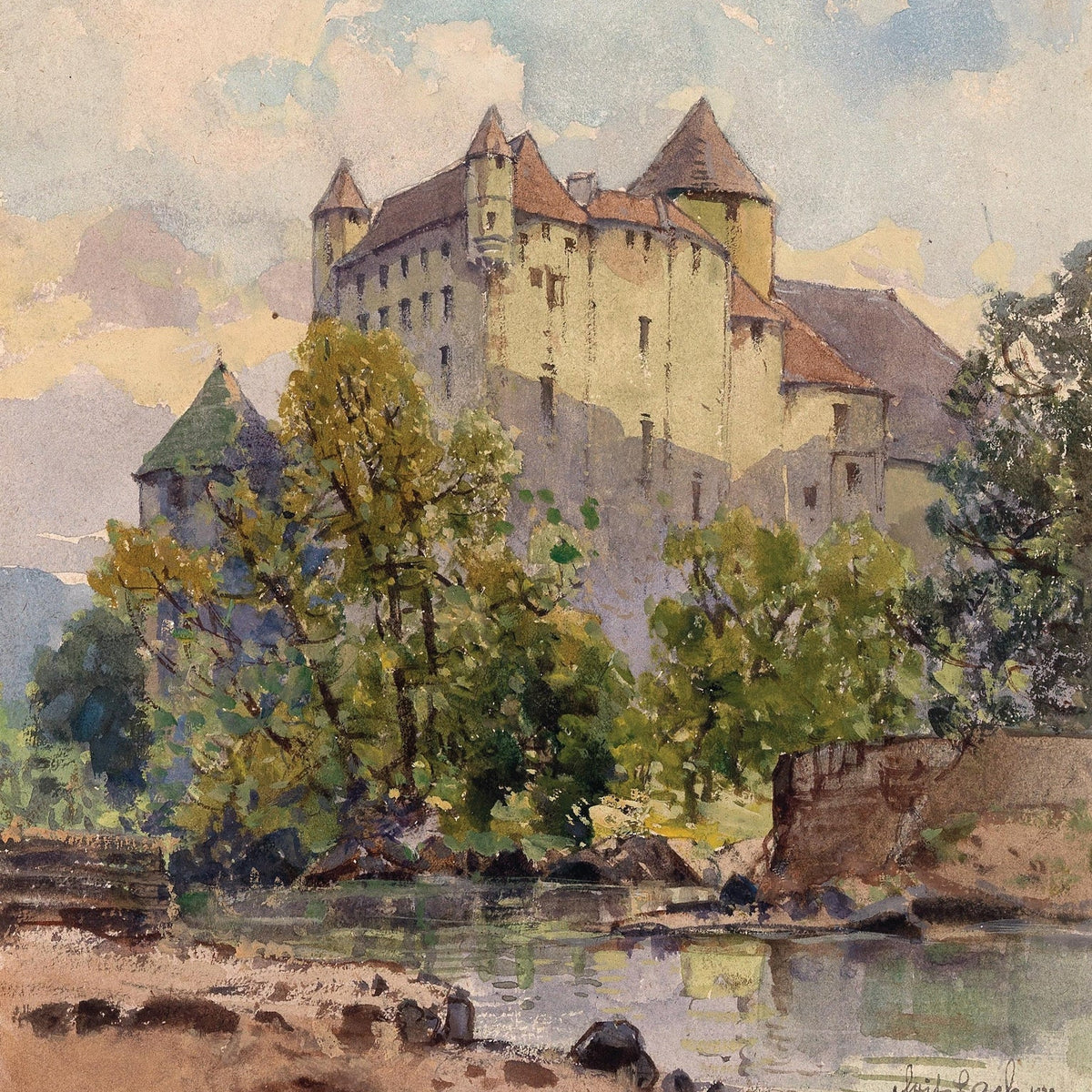Hand-painted castle riverside view with autumn trees landscape oil painting on canvas
