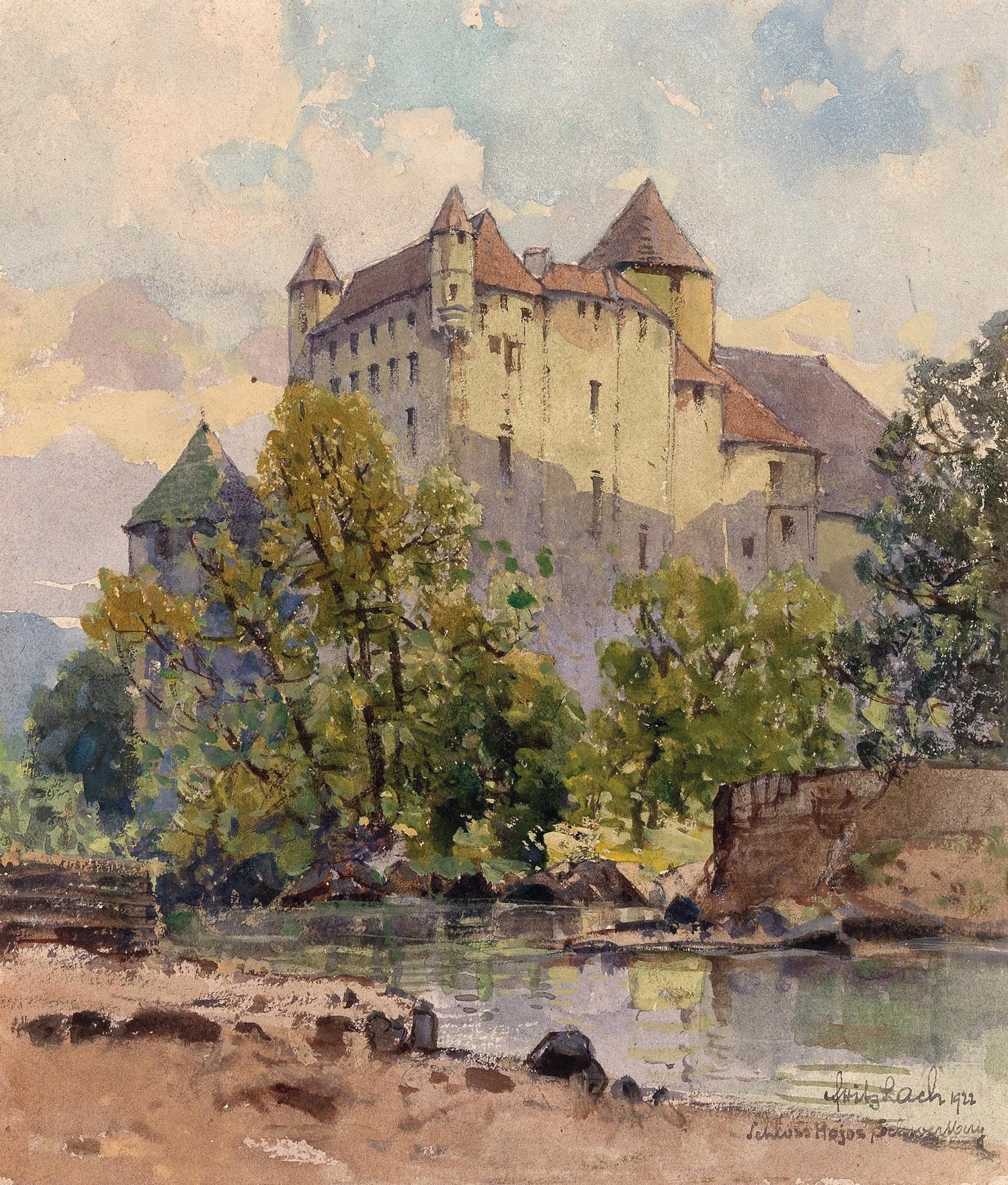 Landscape Oil Painting - Castle Riverside View with Autumn Trees - Oil Painting Haven