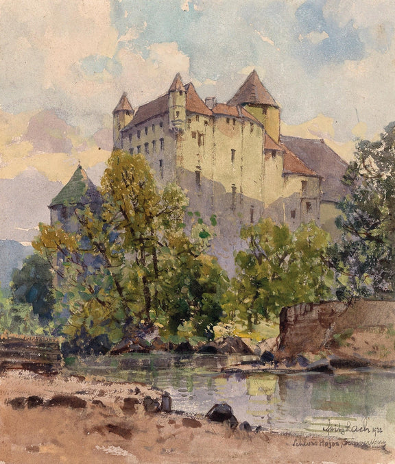 Hand-painted castle riverside view with autumn trees landscape oil painting on canvas