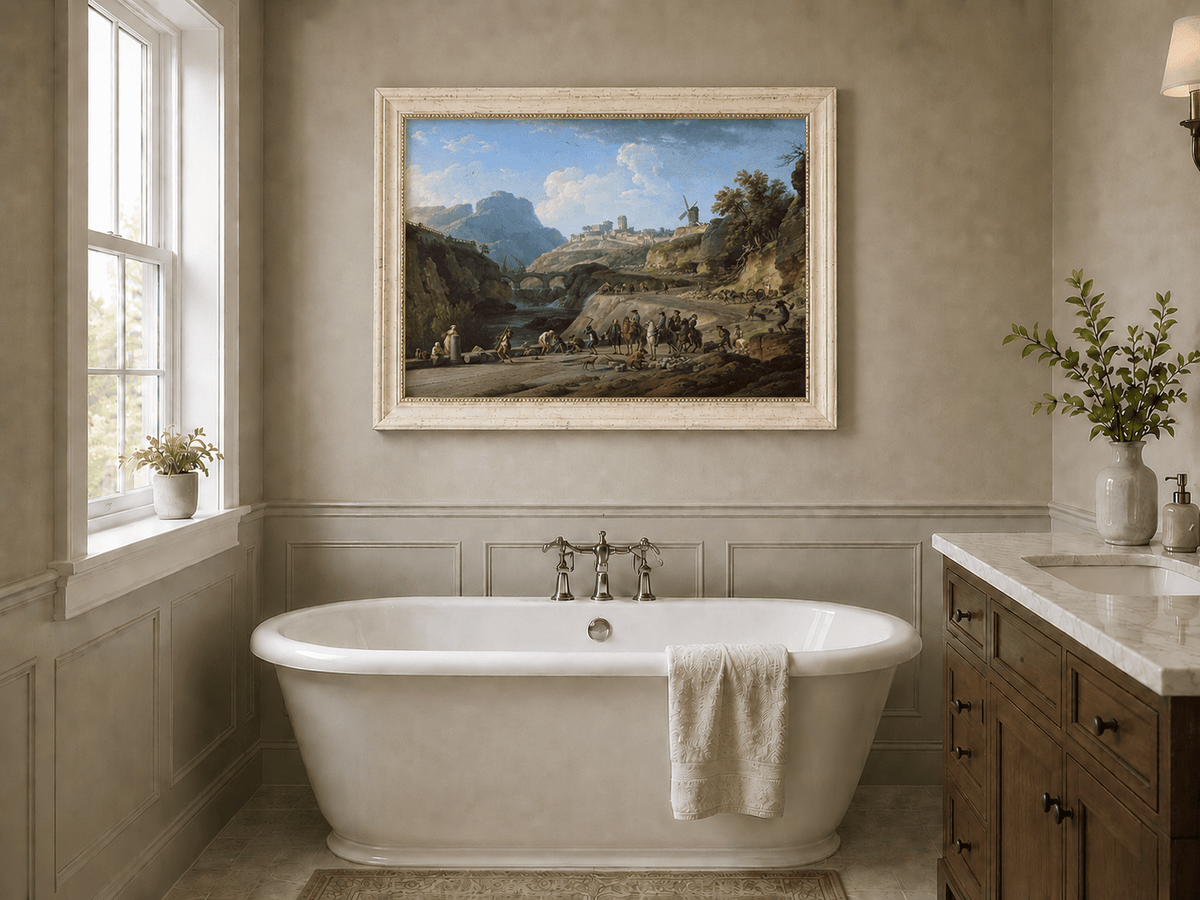 River valley and castle landscape oil painting presented as interior home decor.