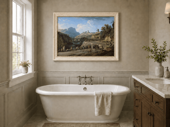 River valley and castle landscape oil painting presented as interior home decor.