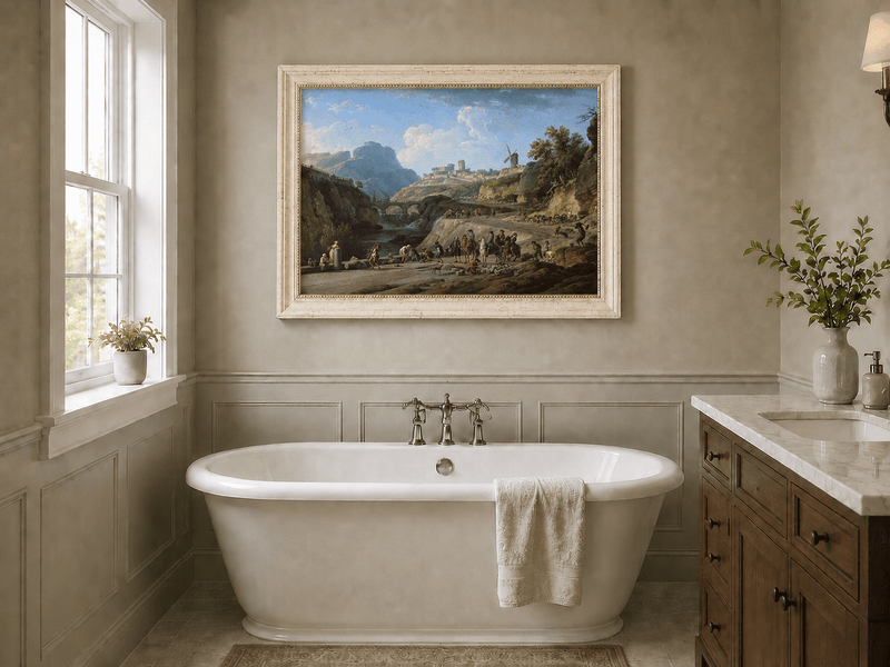 River valley and castle landscape oil painting presented as interior home decor.