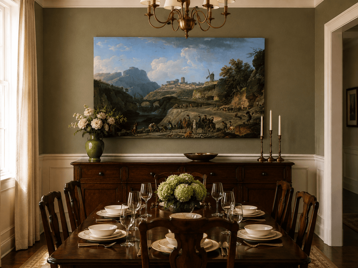 Hand-painted castle and river valley landscape artwork in an interior display.