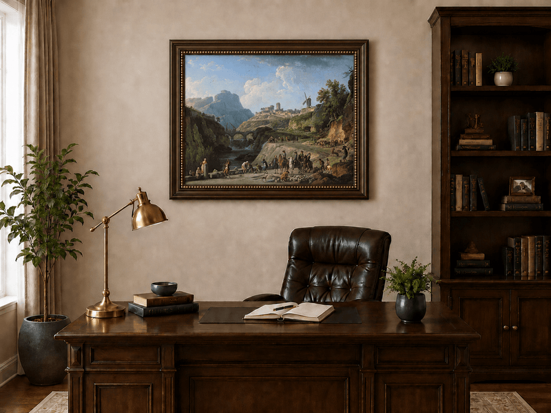 Castle road overlooking a river valley landscape oil painting presented in an interior wall art mockup.