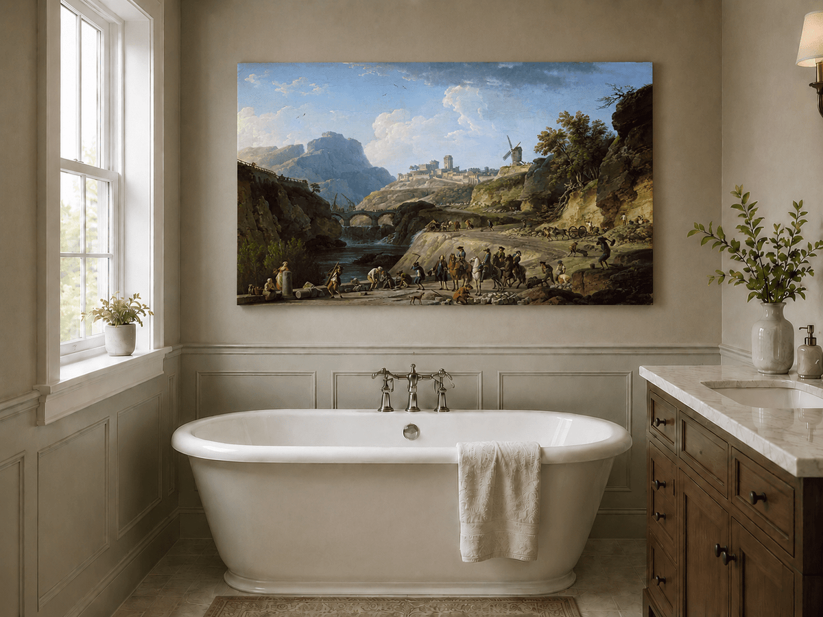 Castle road and river valley scene landscape oil painting presented as styled home decor.