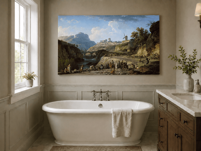 Castle road and river valley scene landscape oil painting presented as styled home decor.