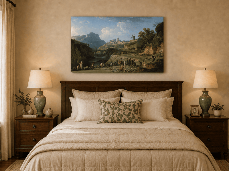 Castle road and river valley oil painting displayed as landscape wall decor.