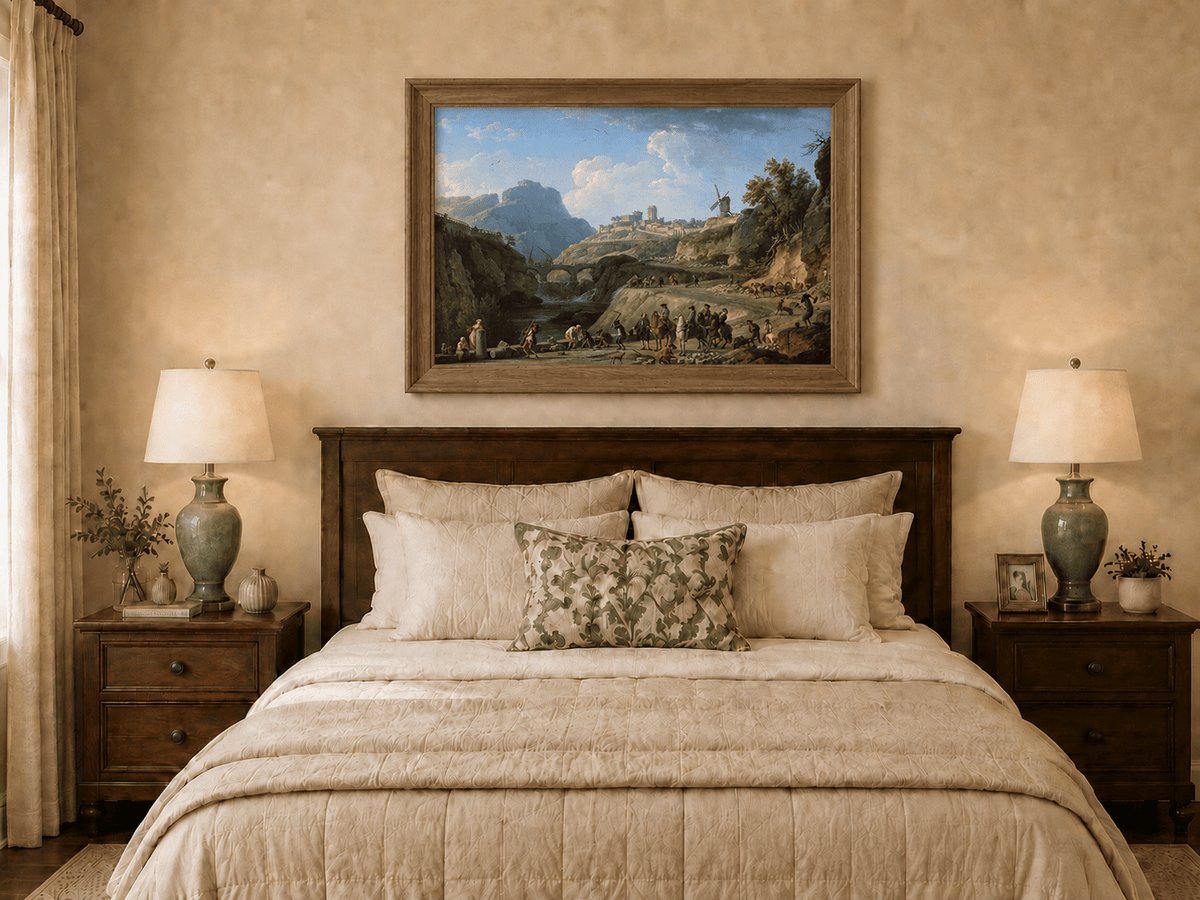 Hand-painted castle road and river valley displayed as decorative wall art.