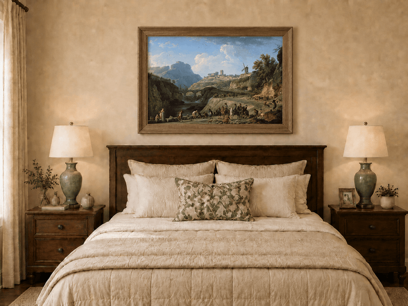 Hand-painted castle road and river valley displayed as decorative wall art.