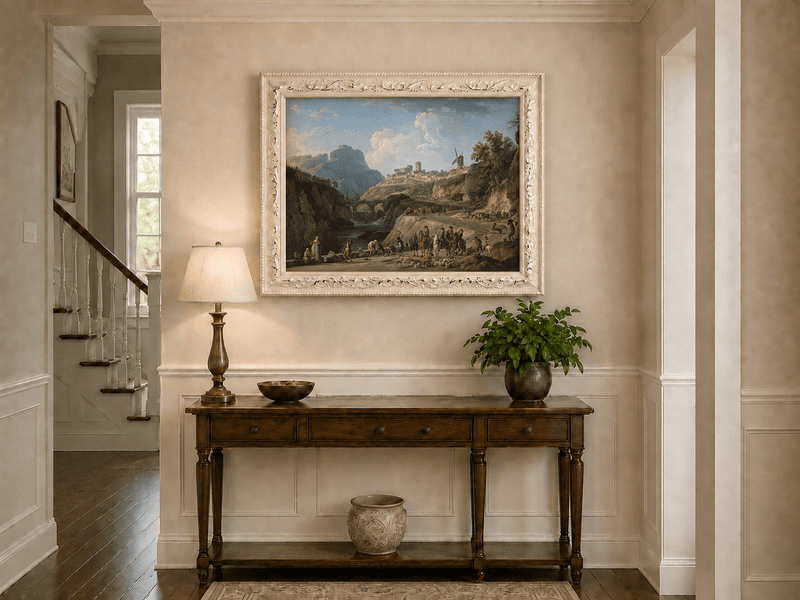 Castle road and river valley hand-painted oil artwork shown as home wall decor.