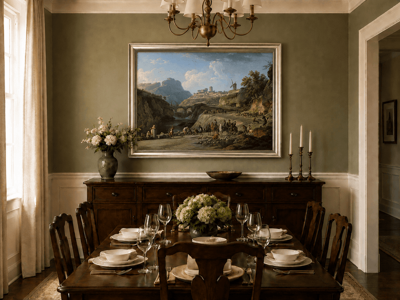 Castle road and river valley oil landscape artwork shown in a styled home interior.