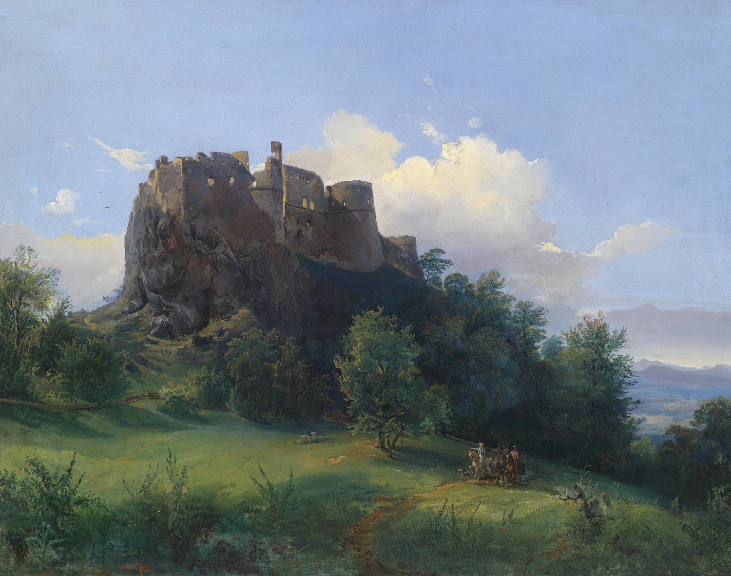 Landscape Oil Painting - Castle Ruin on Rocky Hill, Horsemen in Green - Oil Painting Haven