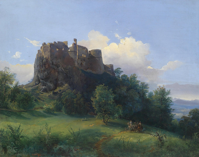 Landscape Oil Painting - Castle Ruin on Rocky Hill, Horsemen in Green - Oil Painting Haven