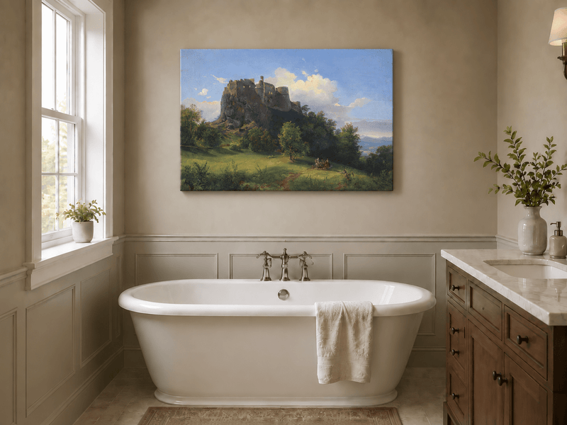Peinture à l'huile de paysage - Ruines de château sur une colline rocheuse