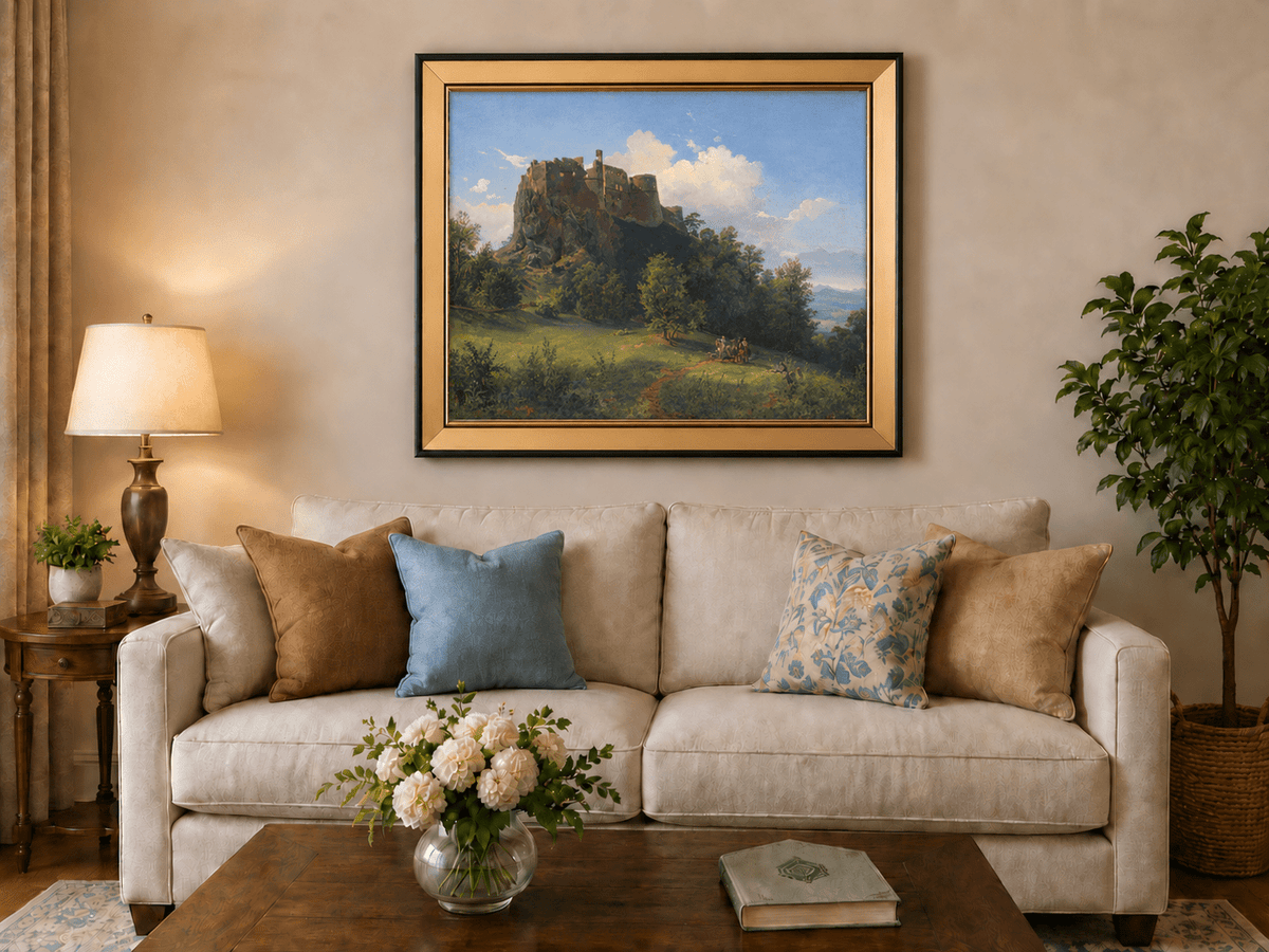 Peinture à l'huile de paysage - Ruines de château sur une colline rocheuse