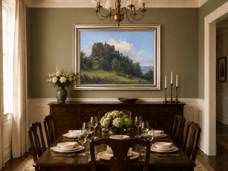Peinture à l'huile de paysage - Ruines de château sur une colline rocheuse