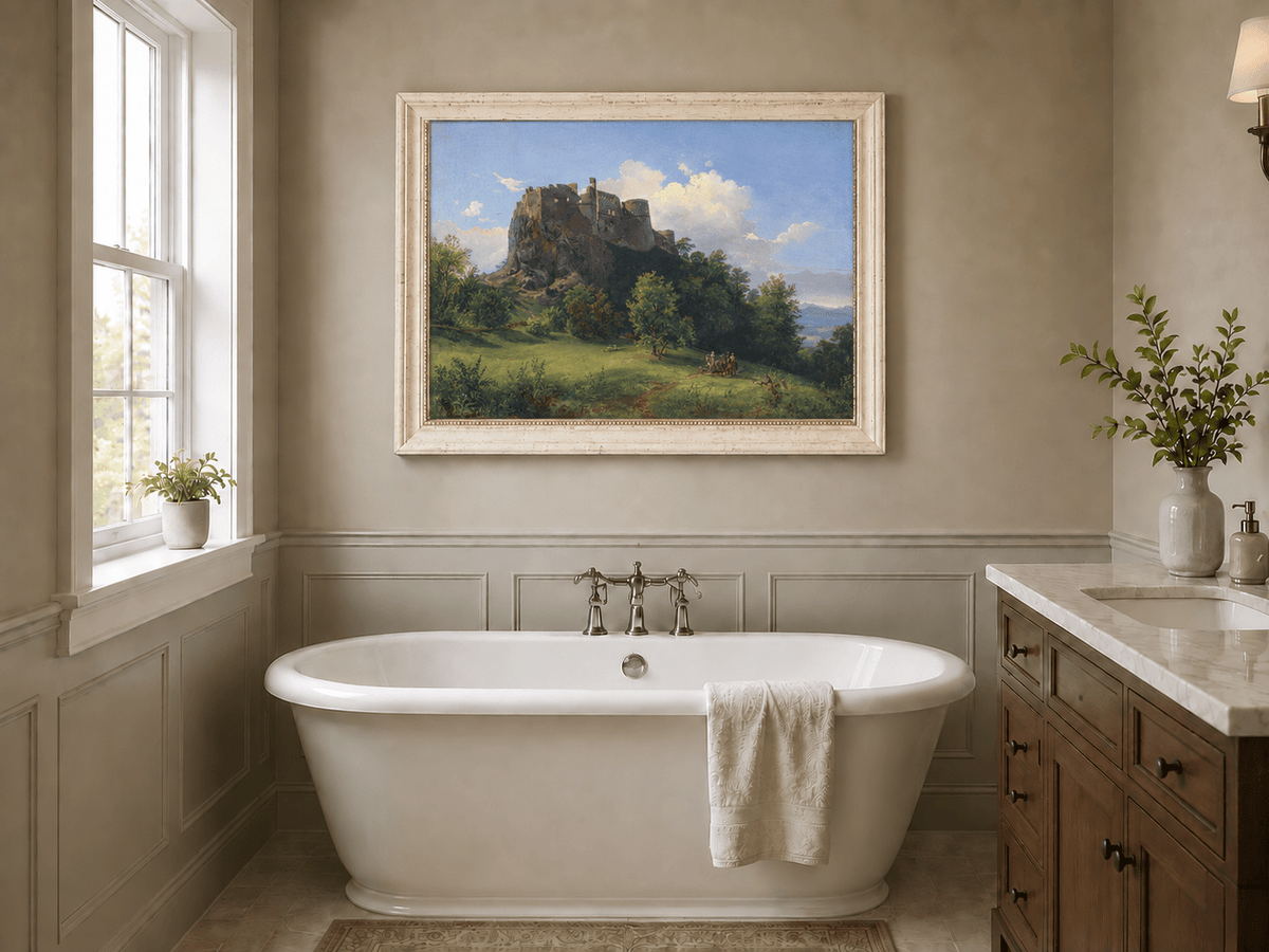 Peinture à l'huile de paysage - Ruines de château sur une colline rocheuse