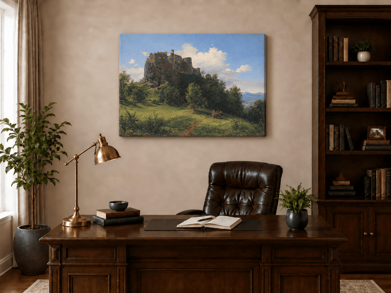Peinture à l'huile de paysage - Ruines de château sur une colline rocheuse