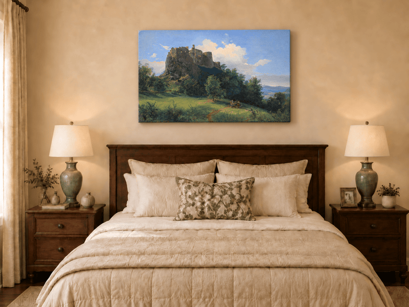Peinture à l'huile de paysage - Ruines de château sur une colline rocheuse