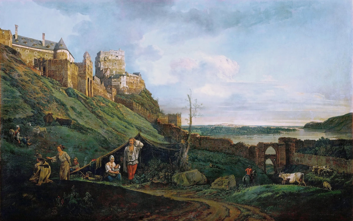 Landscape Oil Painting - Castle Ruins Above a River Valley