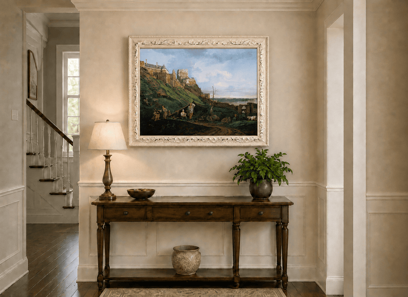 Peinture à l'huile de paysage - Scène de rivière hivernale avec personnages et chevaux