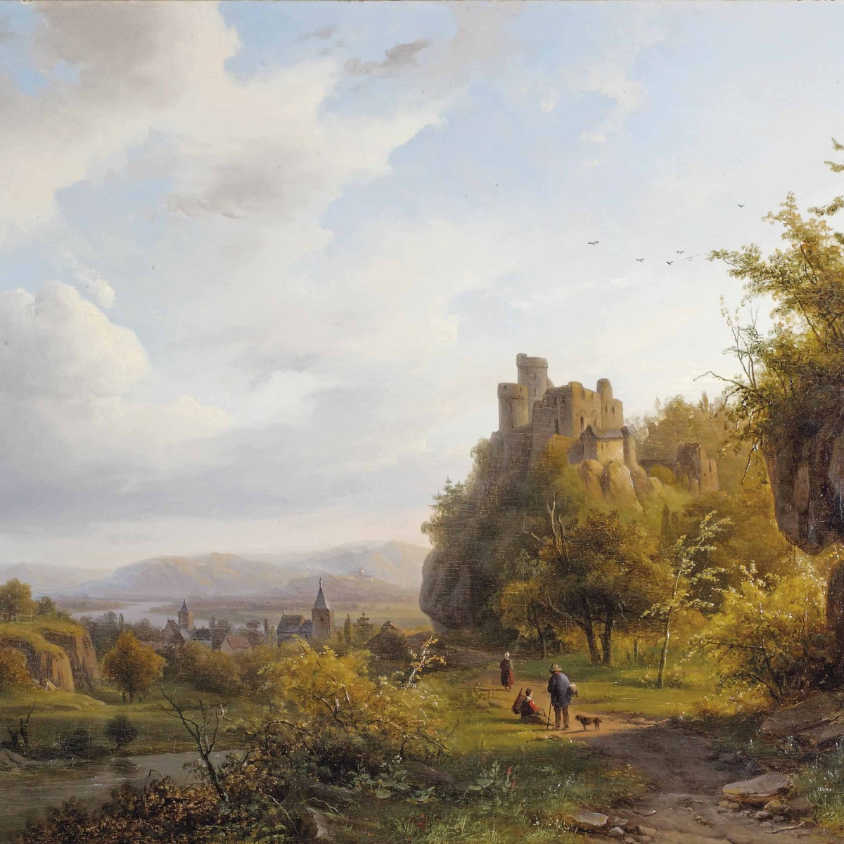 Landscape Oil Painting - Castle Ruins Above a Valley Village - Oil Painting Haven