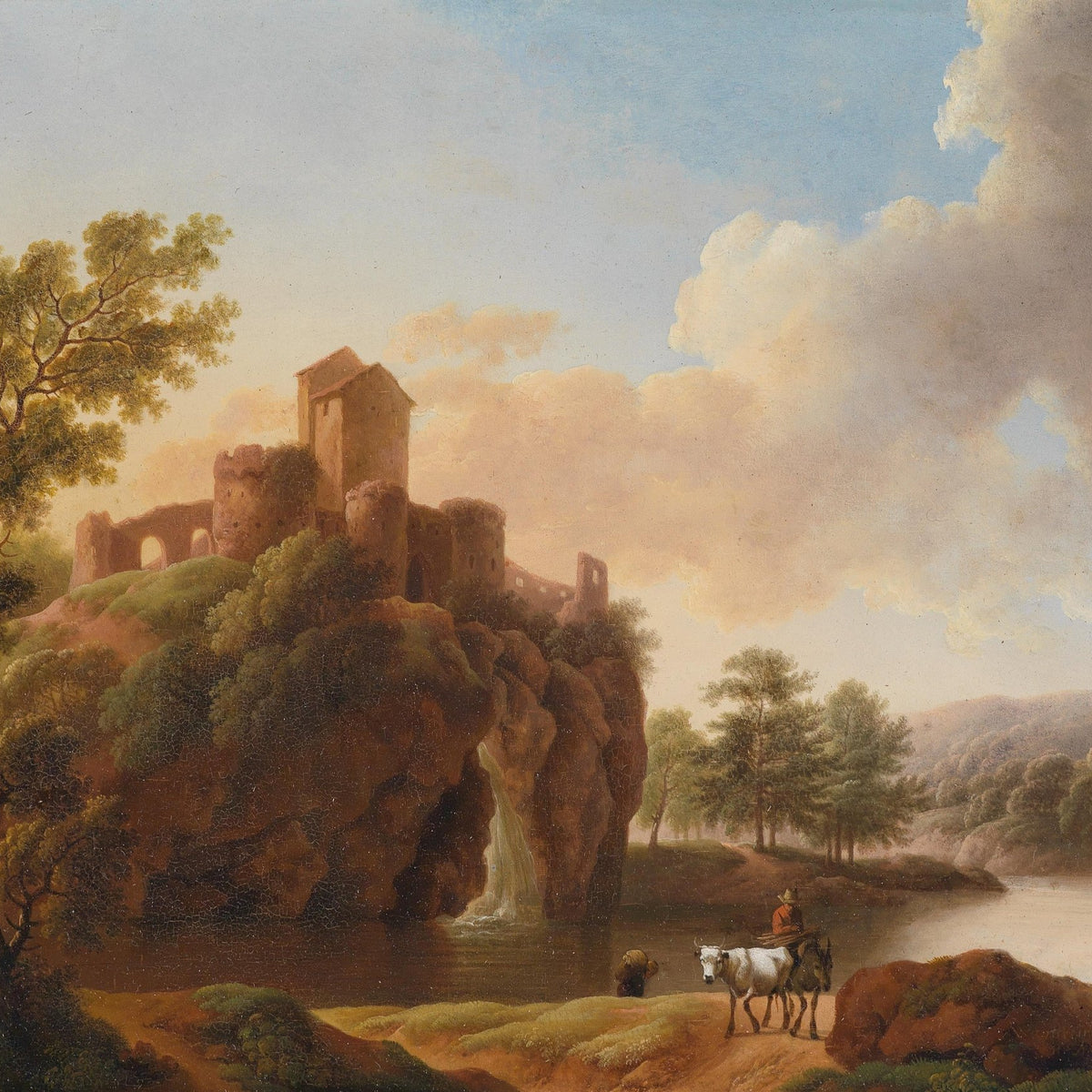Hand-painted castle ruins by lake with waterfall landscape oil painting on canvas