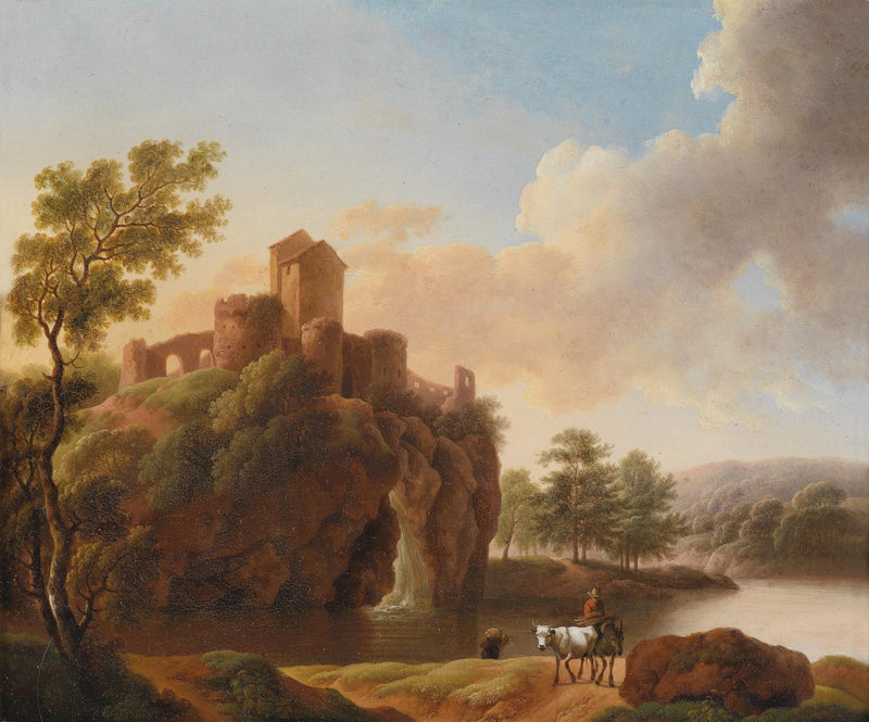 Hand-painted castle ruins by lake with waterfall landscape oil painting on canvas