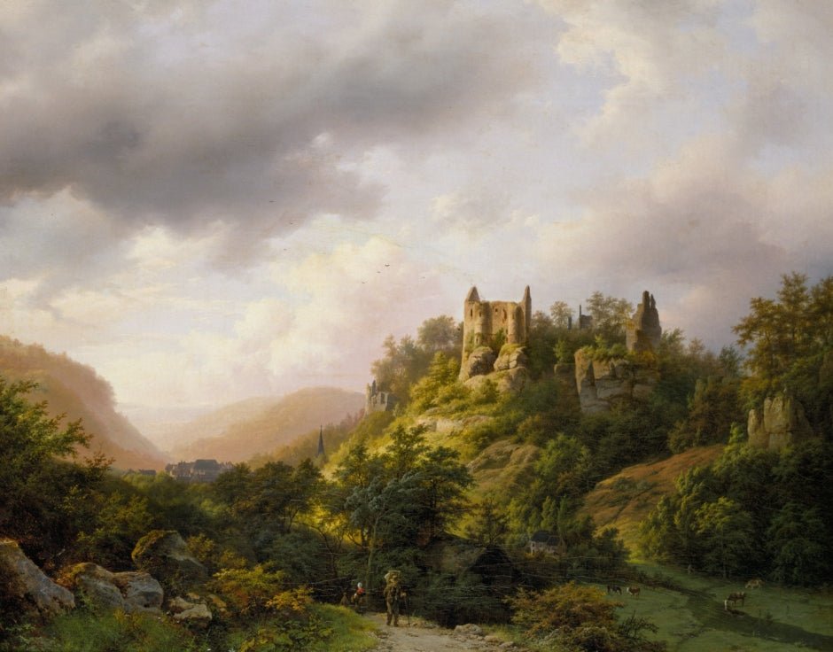 Landscape Oil Painting - Castle Ruins on a Sunlit Forested Hill - Oil Painting Haven