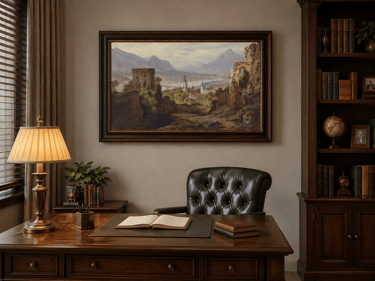 Landscape Oil Painting - Castle Ruins Overlooking River Valley