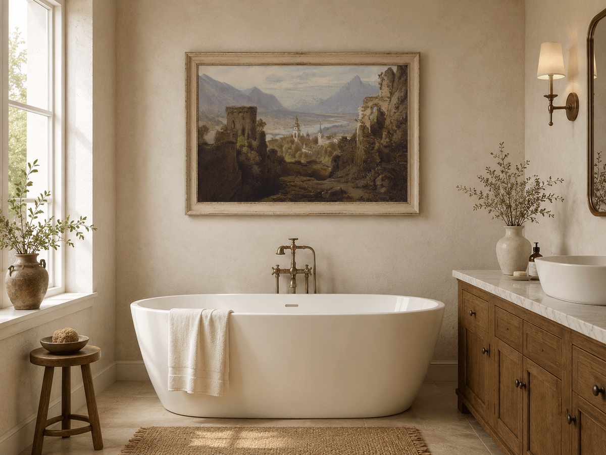 Landscape Oil Painting - Castle Ruins Overlooking River Valley