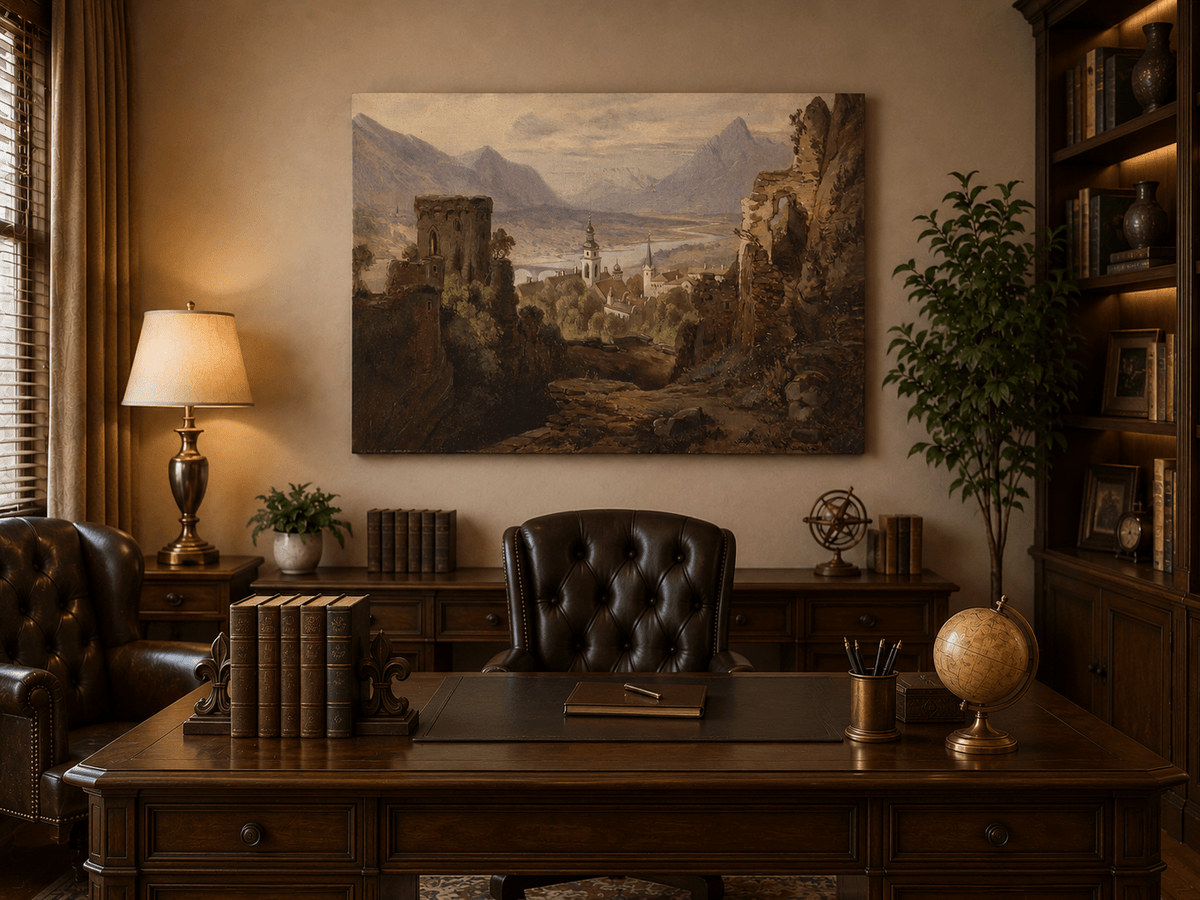Landscape Oil Painting - Castle Ruins Overlooking River Valley