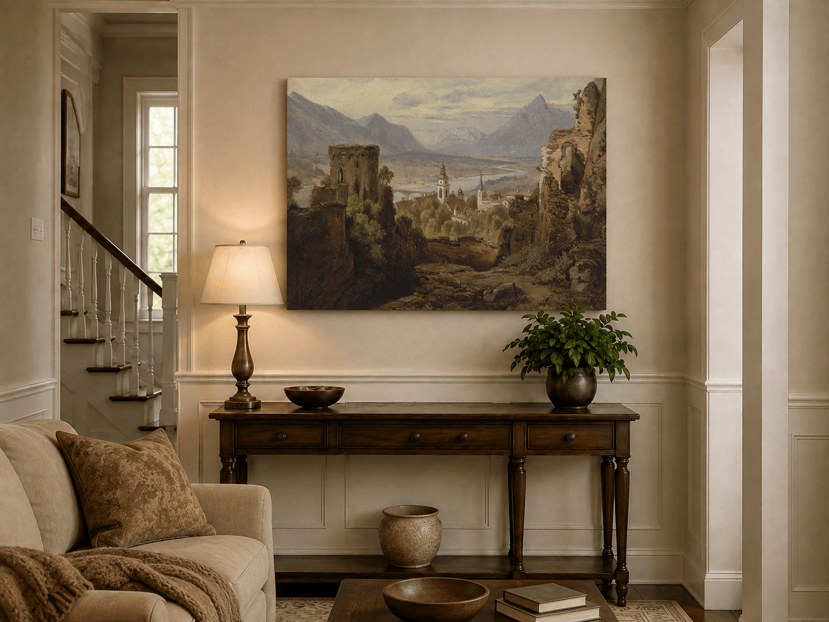 Landscape Oil Painting - Castle Ruins Overlooking River Valley