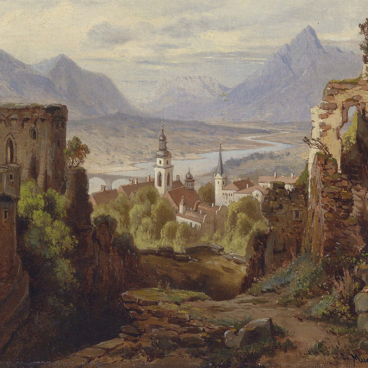 Landscape Oil Painting - Castle Ruins Overlooking River Valley
