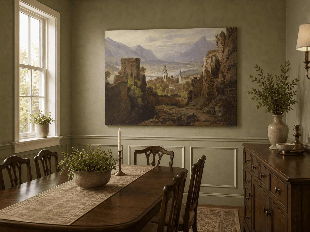 Landscape Oil Painting - Castle Ruins Overlooking River Valley