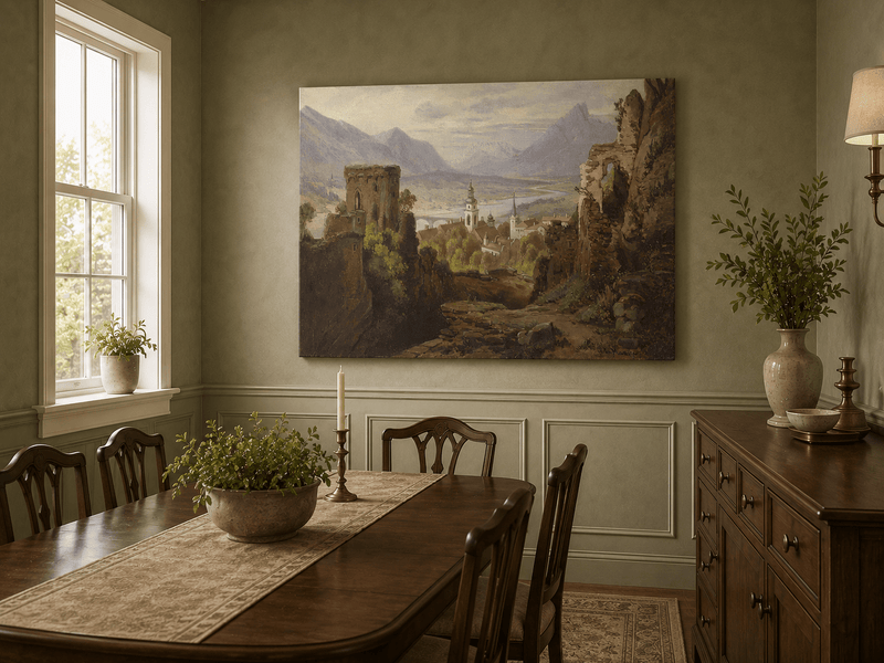 Landscape Oil Painting - Castle Ruins Overlooking River Valley