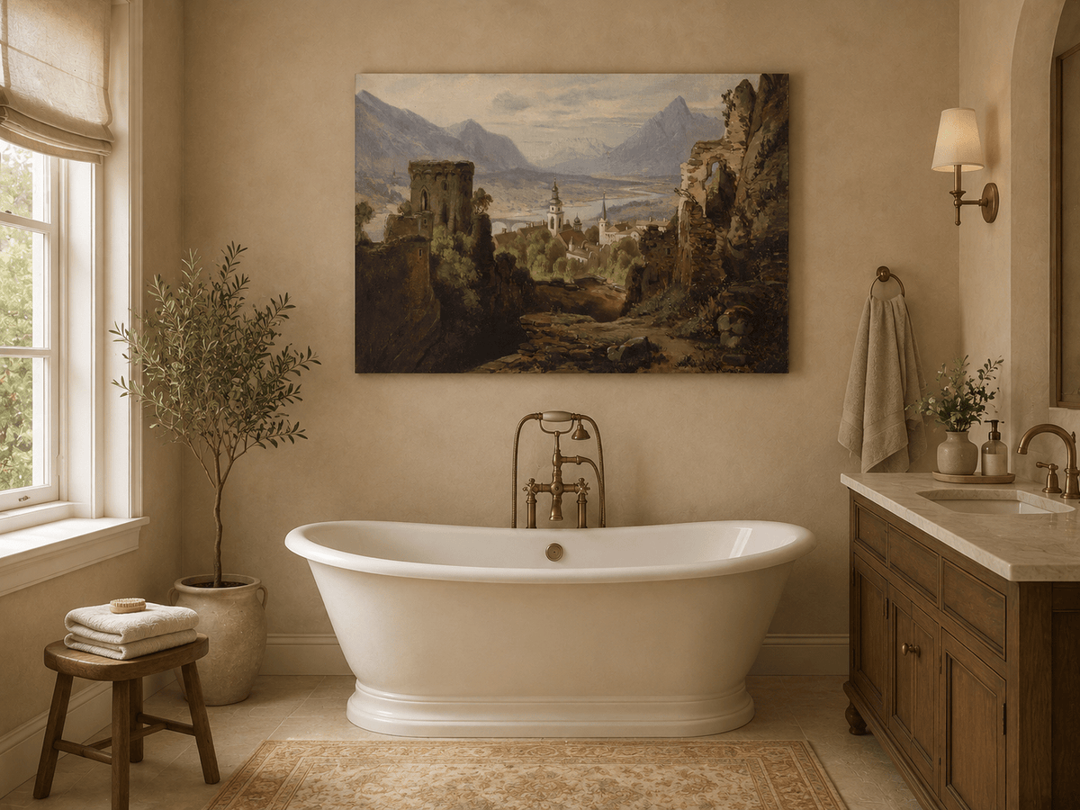 Landscape Oil Painting - Castle Ruins Overlooking River Valley