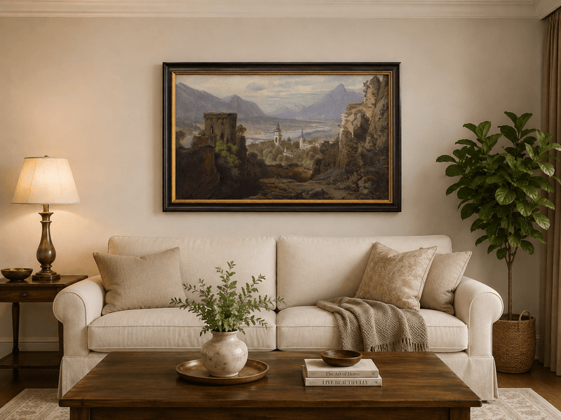 Landscape Oil Painting - Castle Ruins Overlooking River Valley