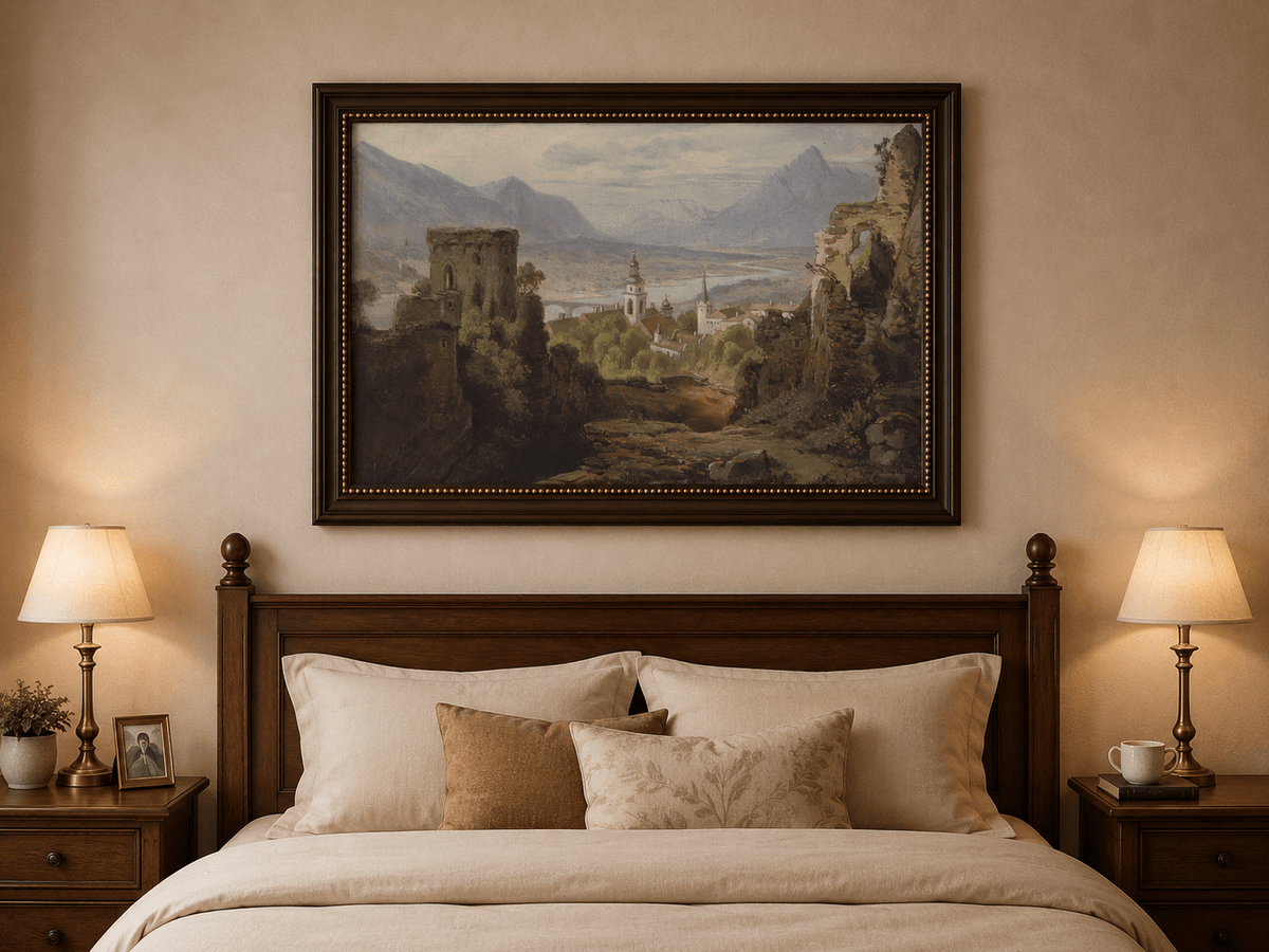 Landscape Oil Painting - Castle Ruins Overlooking River Valley