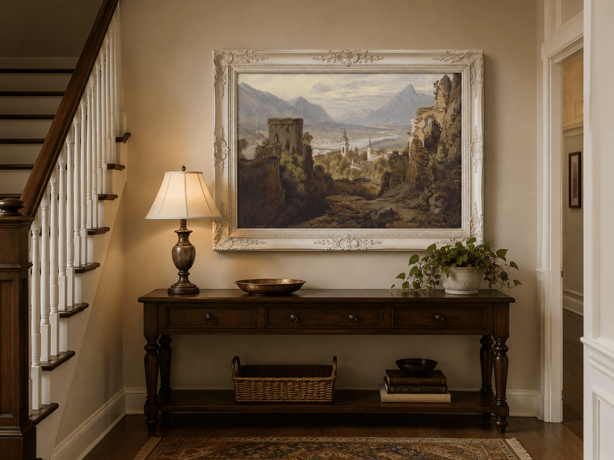 Landscape Oil Painting - Castle Ruins Overlooking River Valley