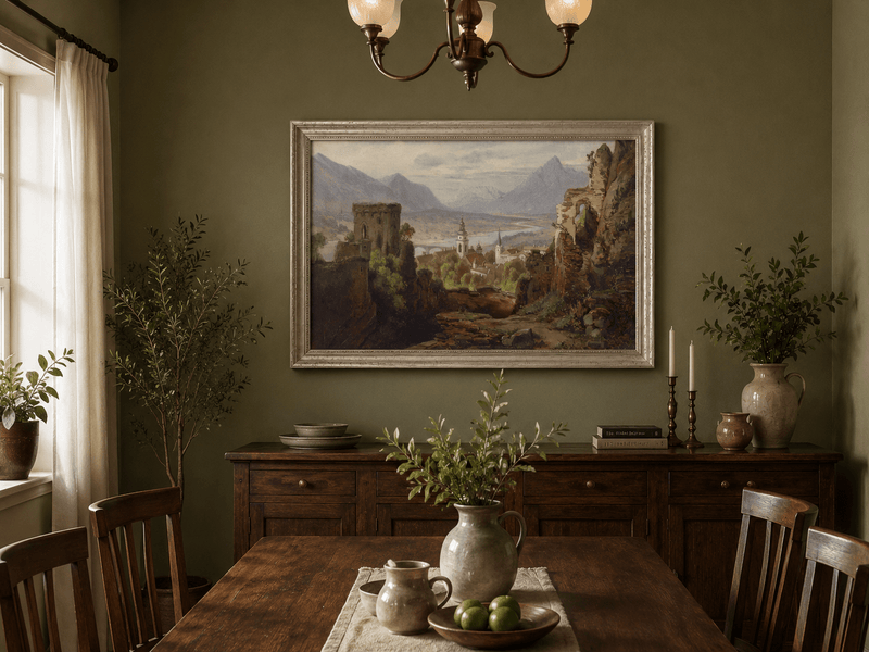 Landscape Oil Painting - Castle Ruins Overlooking River Valley