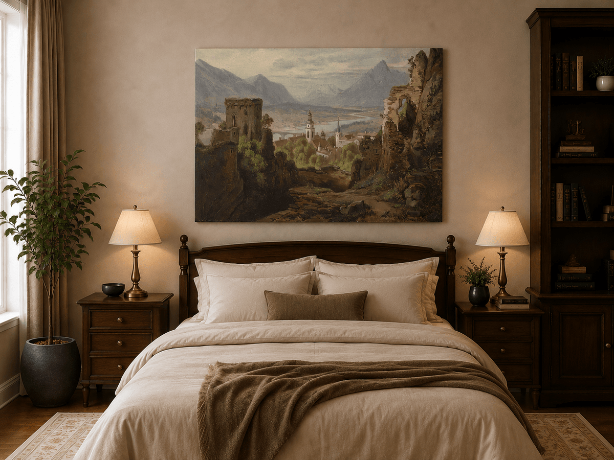 Landscape Oil Painting - Castle Ruins Overlooking River Valley