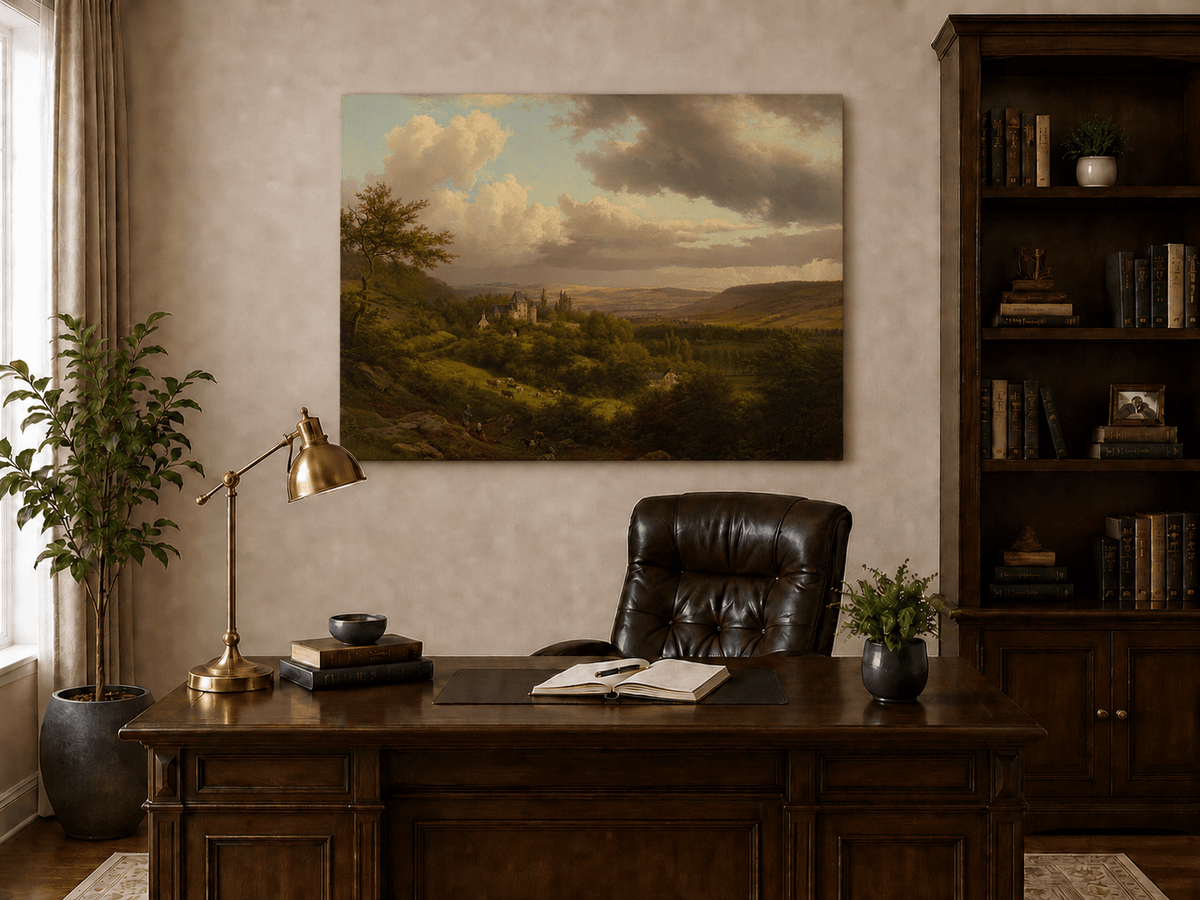 Landschaftsgemälde in Öl – Dramatische Felsschlucht mit Figuren