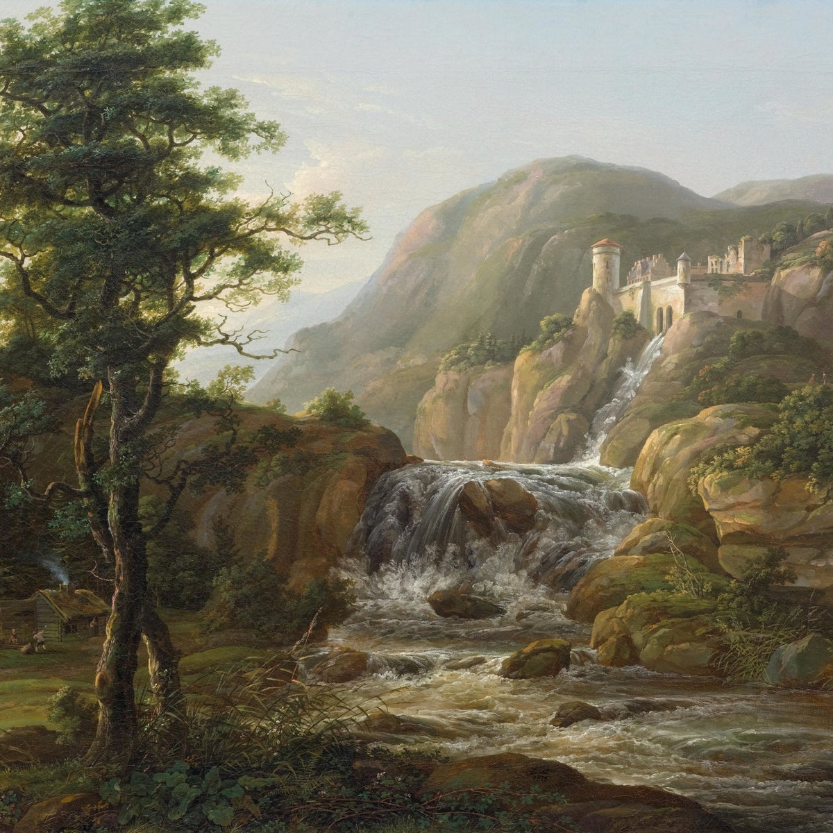 Landscape Oil Painting - Castle, Waterfall and Mountain View - Oil Painting Haven